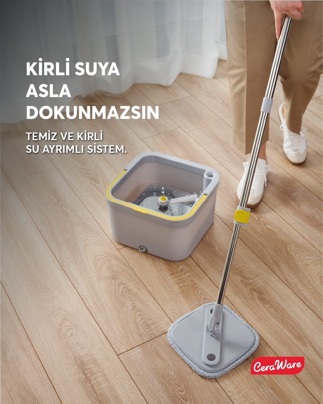 Ceraware Home Care Dual System Kare Mop Seti Temiz Kirli Su Ayrı Hazneli 2 Adet İz Bırakmayan Mikrofiber Bez