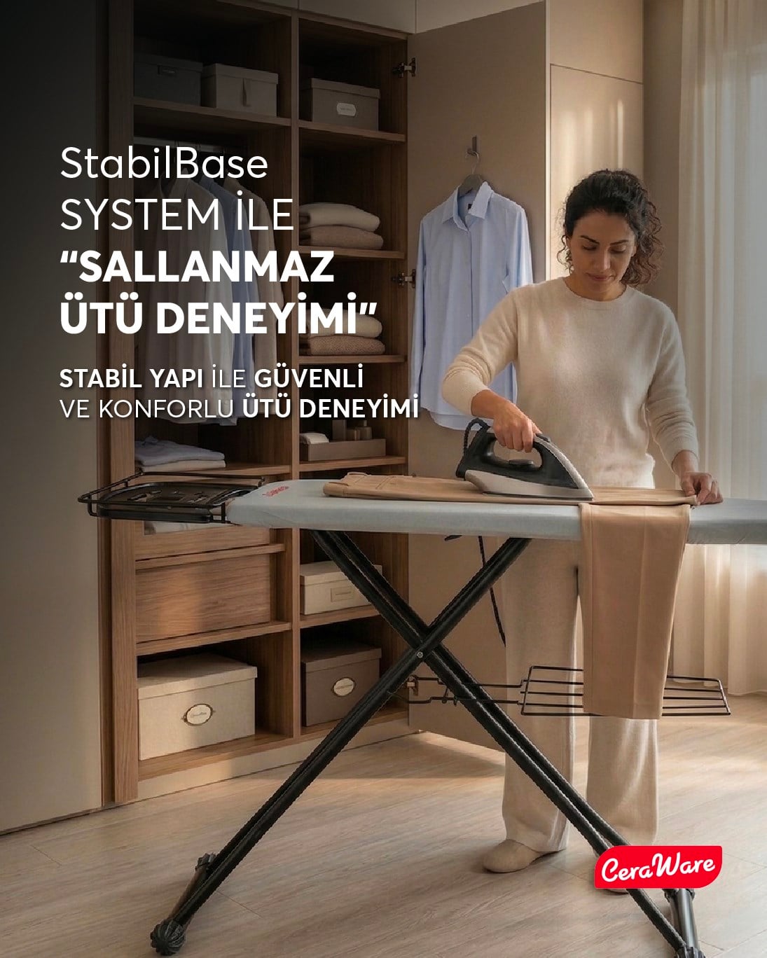 Ceraware Nero Premium Ütü Masası Sallanmaz StabilBase Sistem Kalın Boru Büyük Boy Profesyonel Ütü Deneyimi