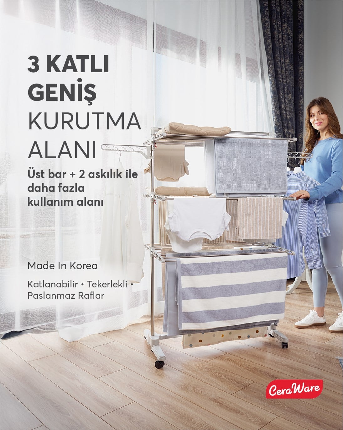 Ceraware Home S3 Premium 3 Katlı Çamaşırlık Made in Korea Tam Katlanır Tekerlekli Çamaşır Kurutmalık