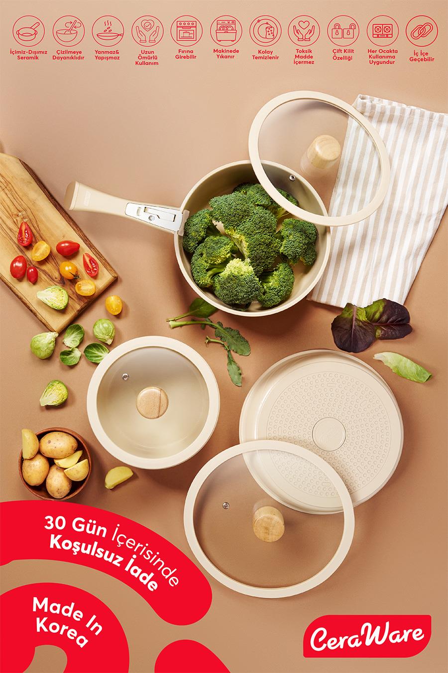 Ceraware Hona Daily 9 Parça Tak Çıkar Saplı Iç Içe Geçebilen Seramik Yapışmaz Tencere Tava Seti Bej