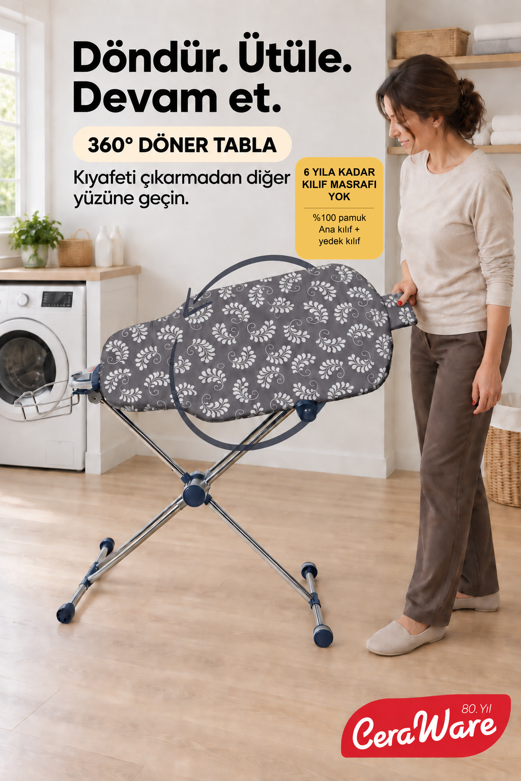 Ceraware Nero Air 360 Premium Ütü Masası – 360° Döner Tabla, Hafif ve Stabil Tasarım Gri Made in Korea