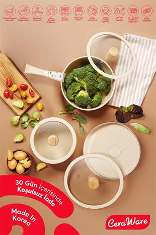 Ceraware Hona Made in Korea Seramik Yapışmaz Tencere Tava Seti 9 Parça Tak Çıkar Saplı İç İçe Geçebilen Set Bej