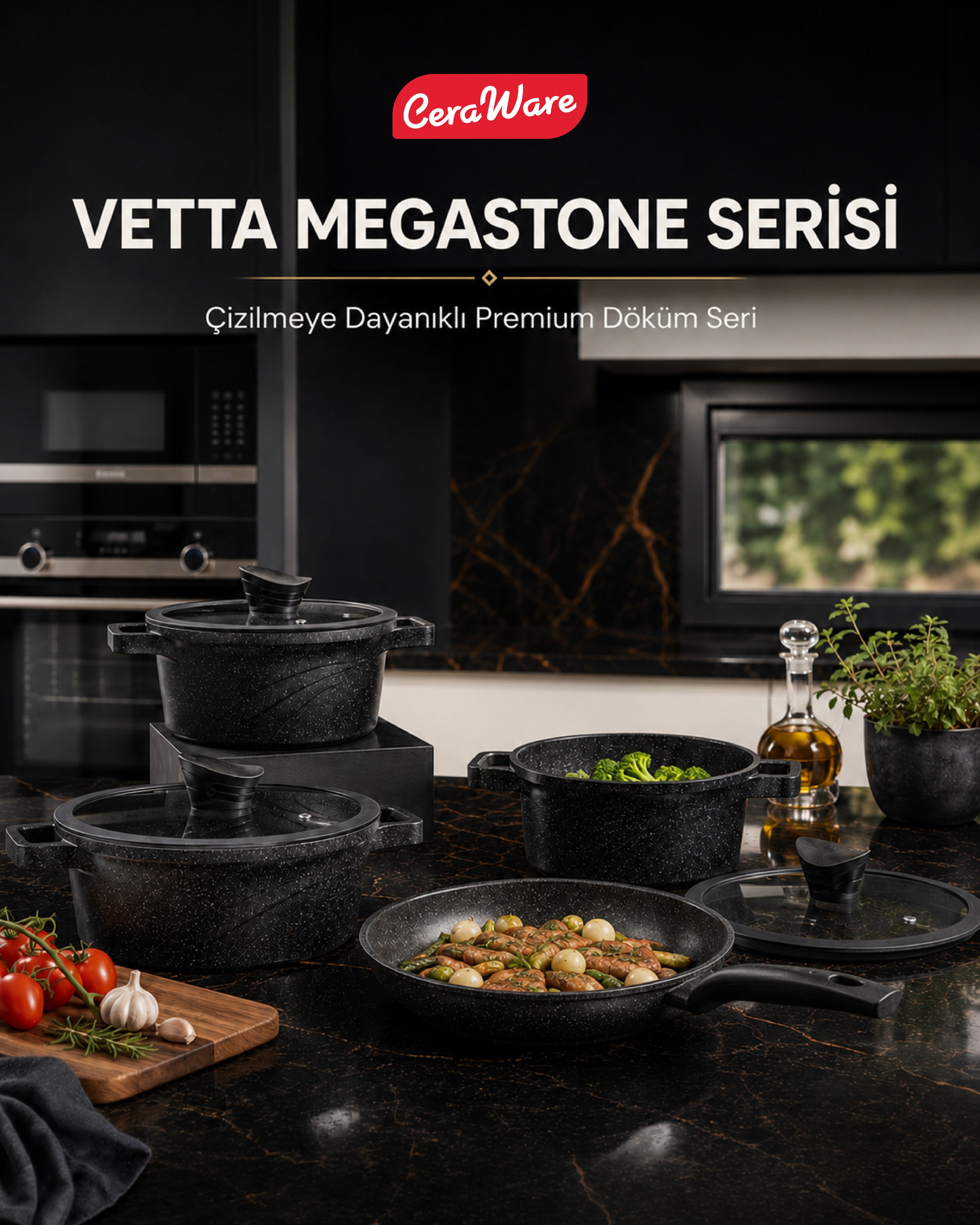 Ceraware Vetta Megastone Made in Korea Premium Tencere Tava Seti Çizilmeye Dayanıklı Yapışmaz Mutfak Seti Siyah