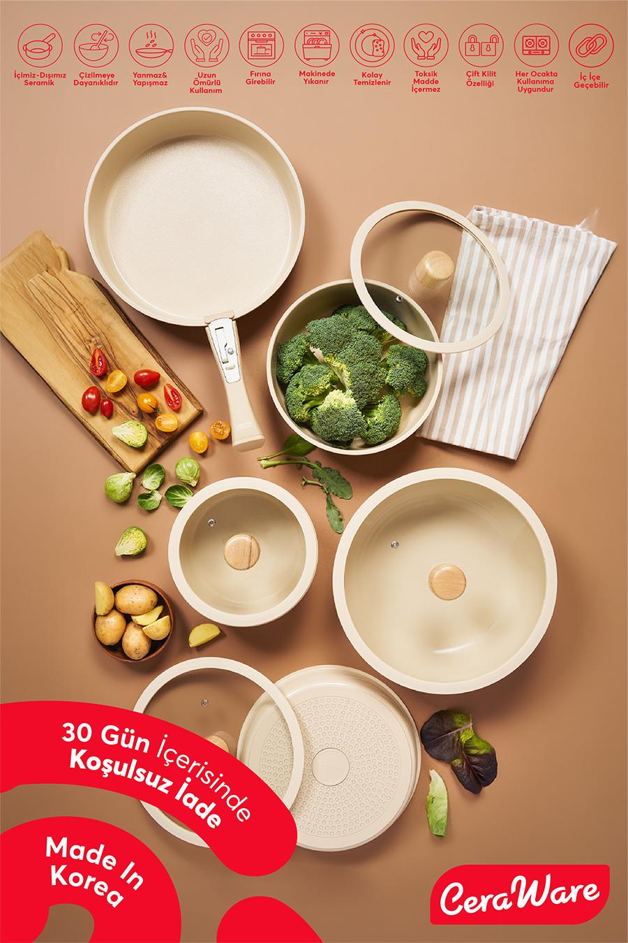 Ceraware Hona Made in Korea Seramik Tencere Tava Seti 14 Parça Sapı Çıkabilen İç İçe Geçen Mutfak Seti Bej