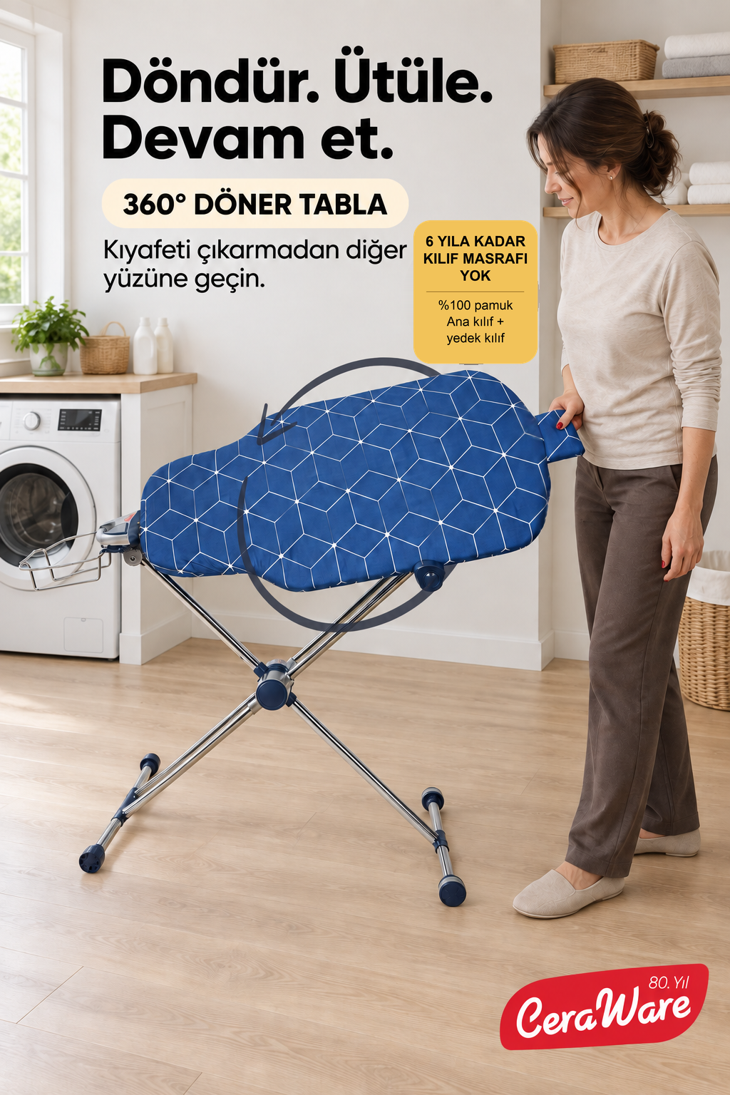 Ceraware Nero Air 360 Premium Ütü Masası – 360° Döner Tabla, Hafif ve Stabil Tasarım Lacivert Made in Korea
