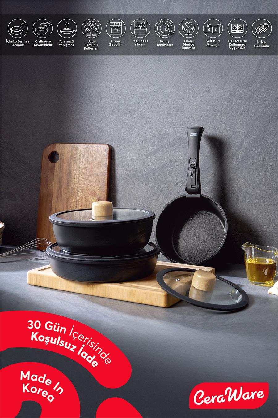 Ceraware Hona Daily 9 Parça Tak Çıkar Saplı Iç Içe Geçebilen Seramik Yapışmaz Tencere Tava Seti Siyah