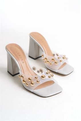 STARLİNG Soft Gri Rugan Şeffaf Troklu Kadın Terlik