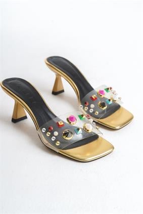 VİSCA Gold Cilt Şeffaf Taşlı Kadın Terlik