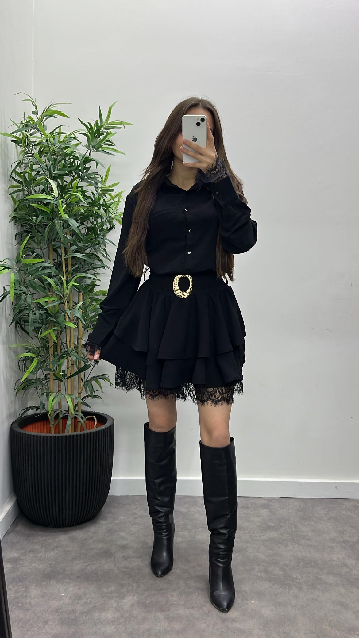 Dantel Detay Kemerli Elbise