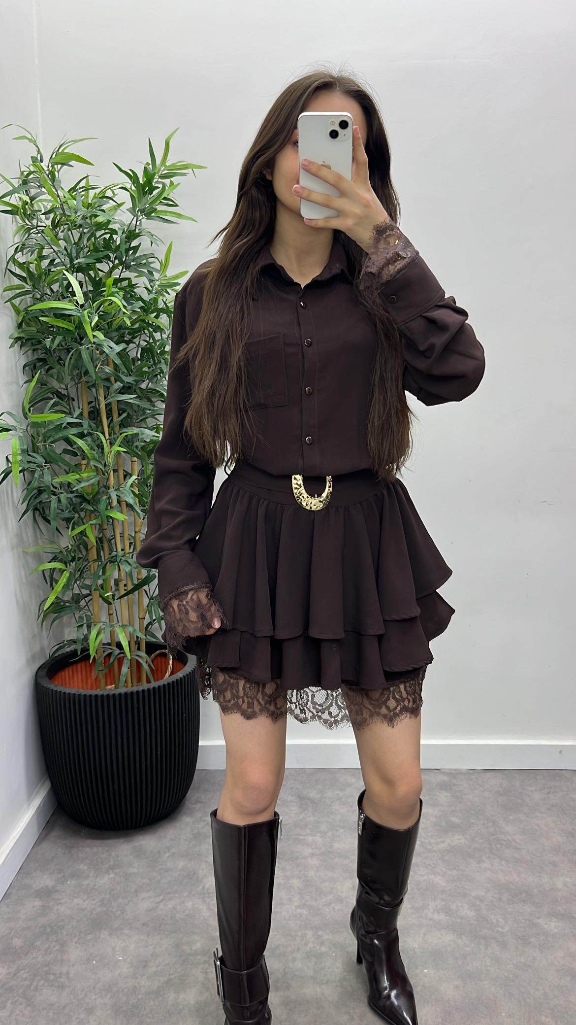 Dantel Detay Kemerli Elbise