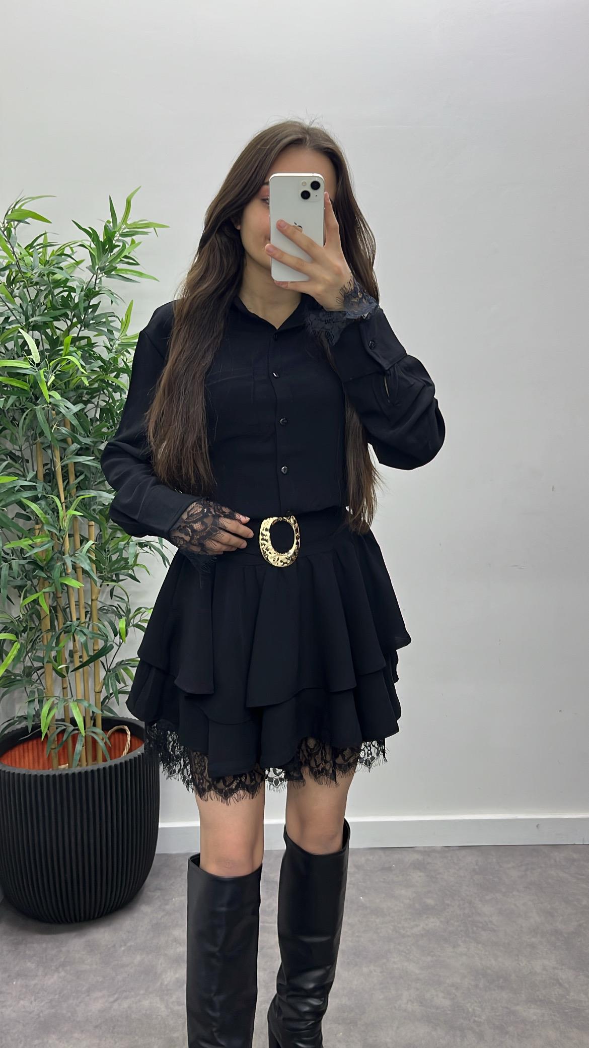 Dantel Detay Kemerli Elbise