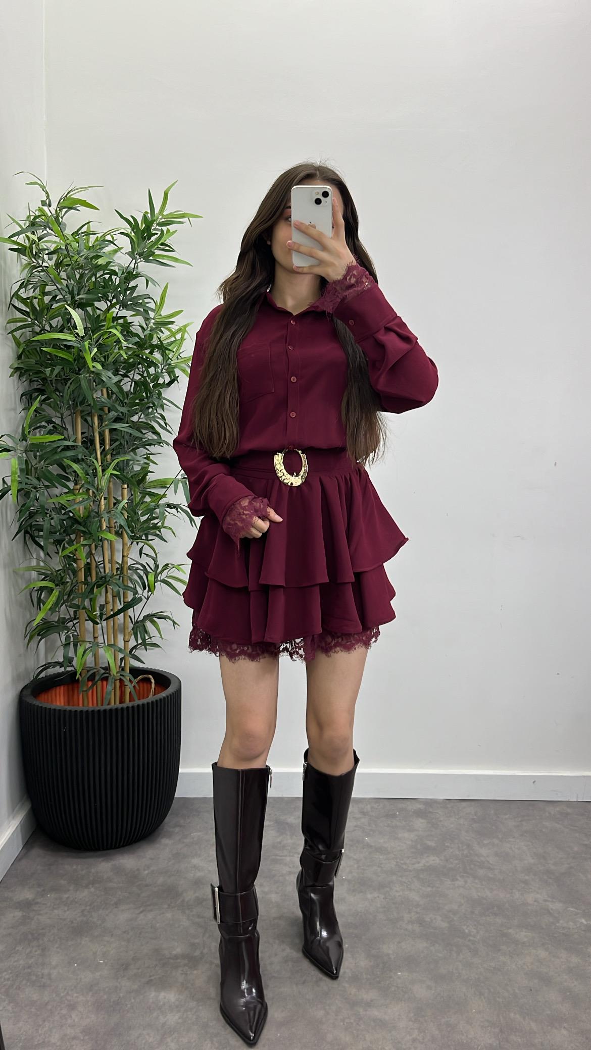 Dantel Detay Kemerli Elbise