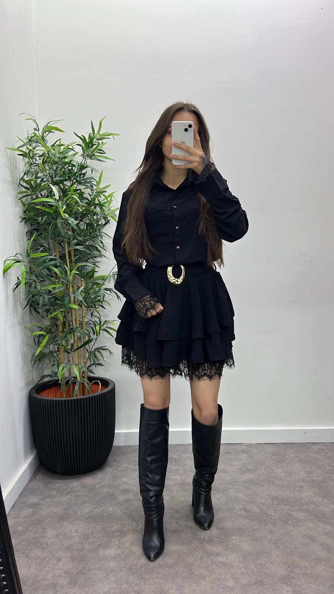 Dantel Detay Kemerli Elbise