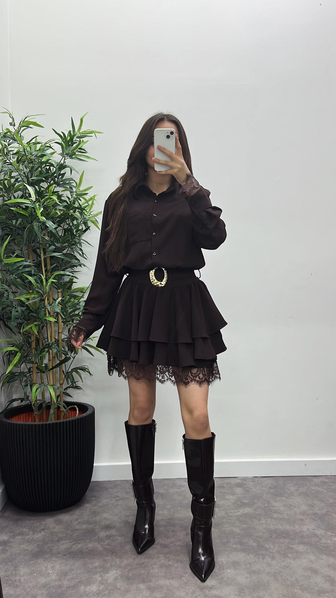 Dantel Detay Kemerli Elbise