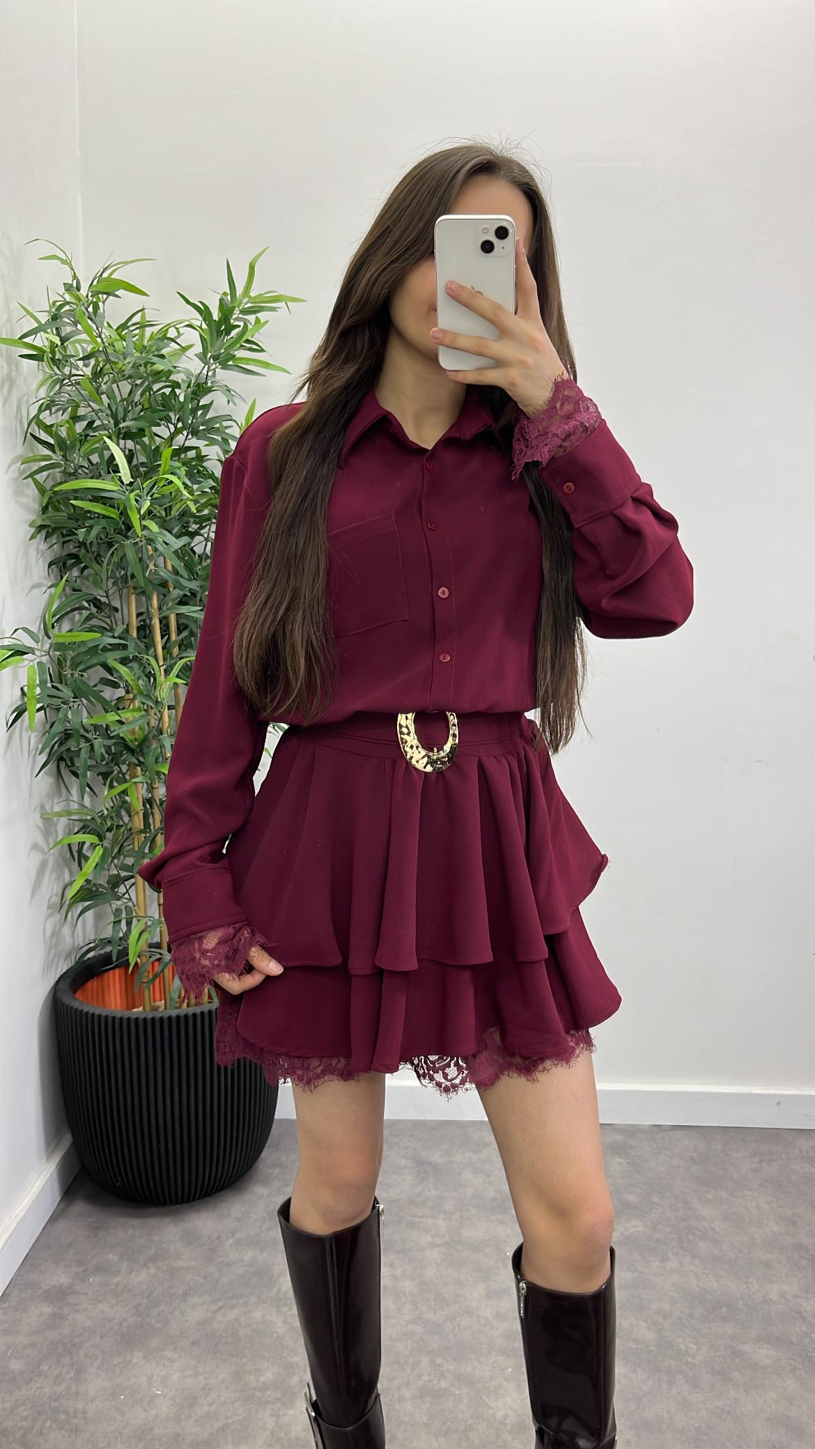 Dantel Detay Kemerli Elbise