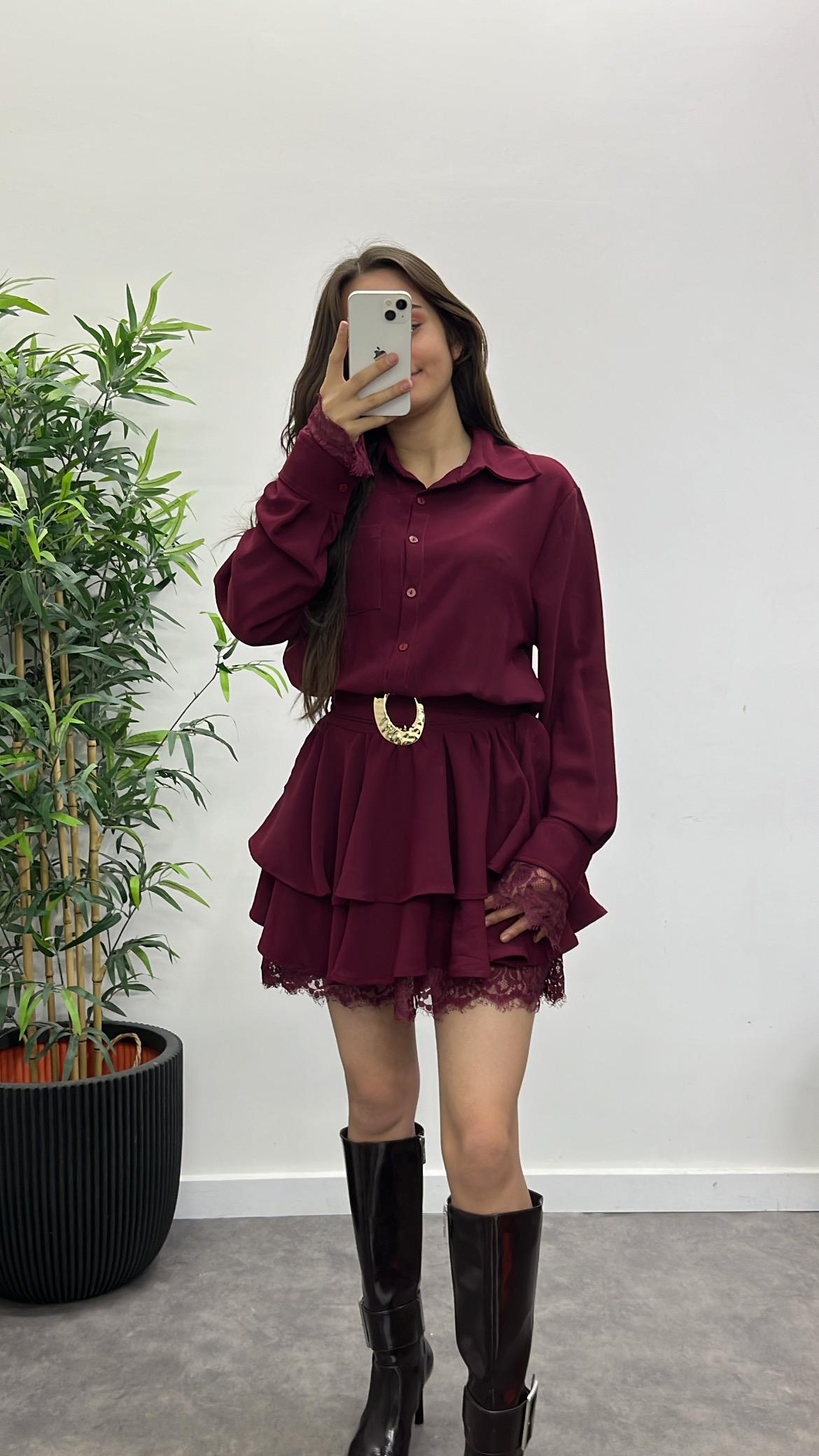 Dantel Detay Kemerli Elbise