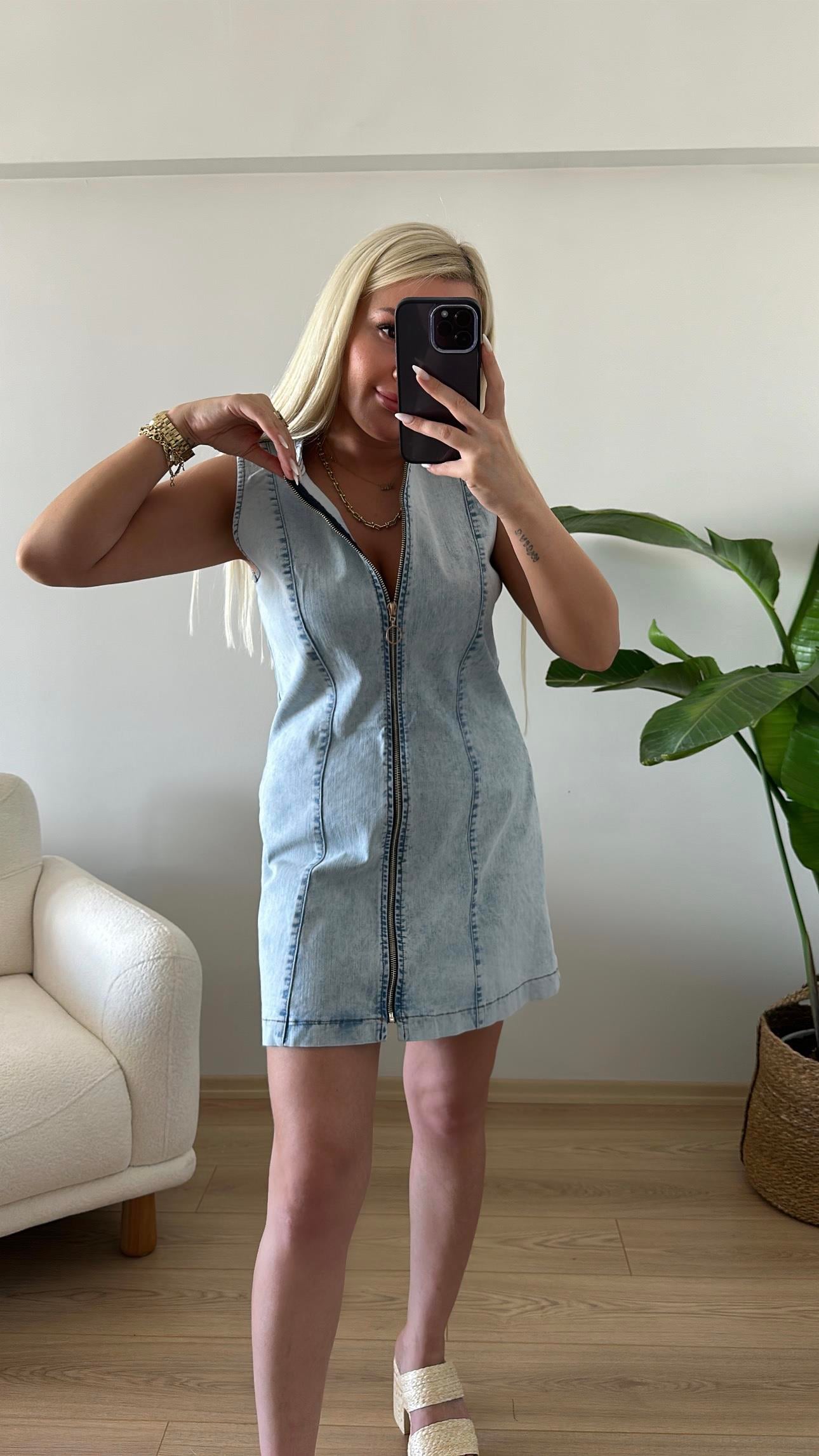 Fermuarlı Jean Elbise