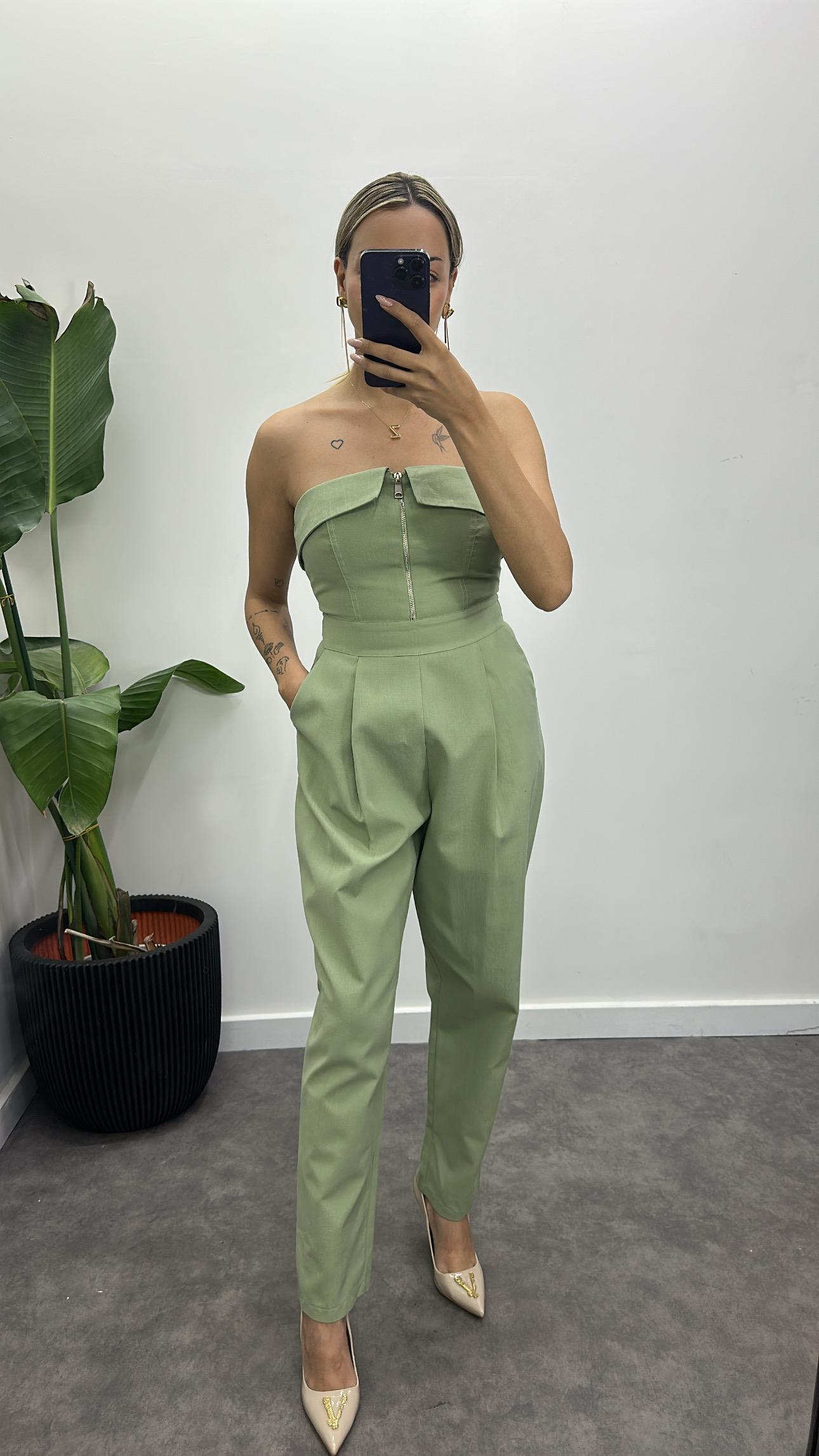 Fermuarlı Straplez Keten Tulum