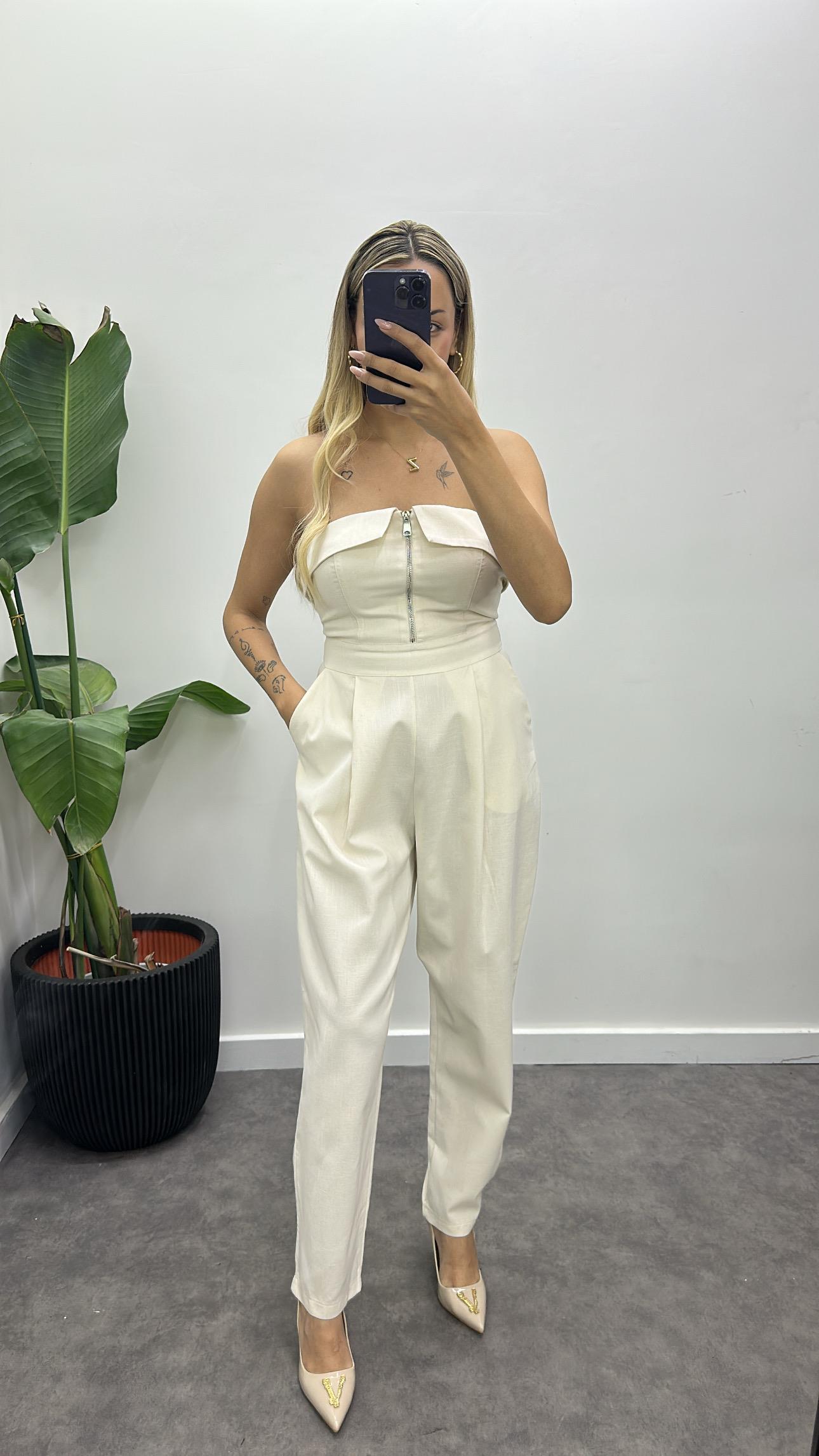 Fermuarlı Straplez Keten Tulum