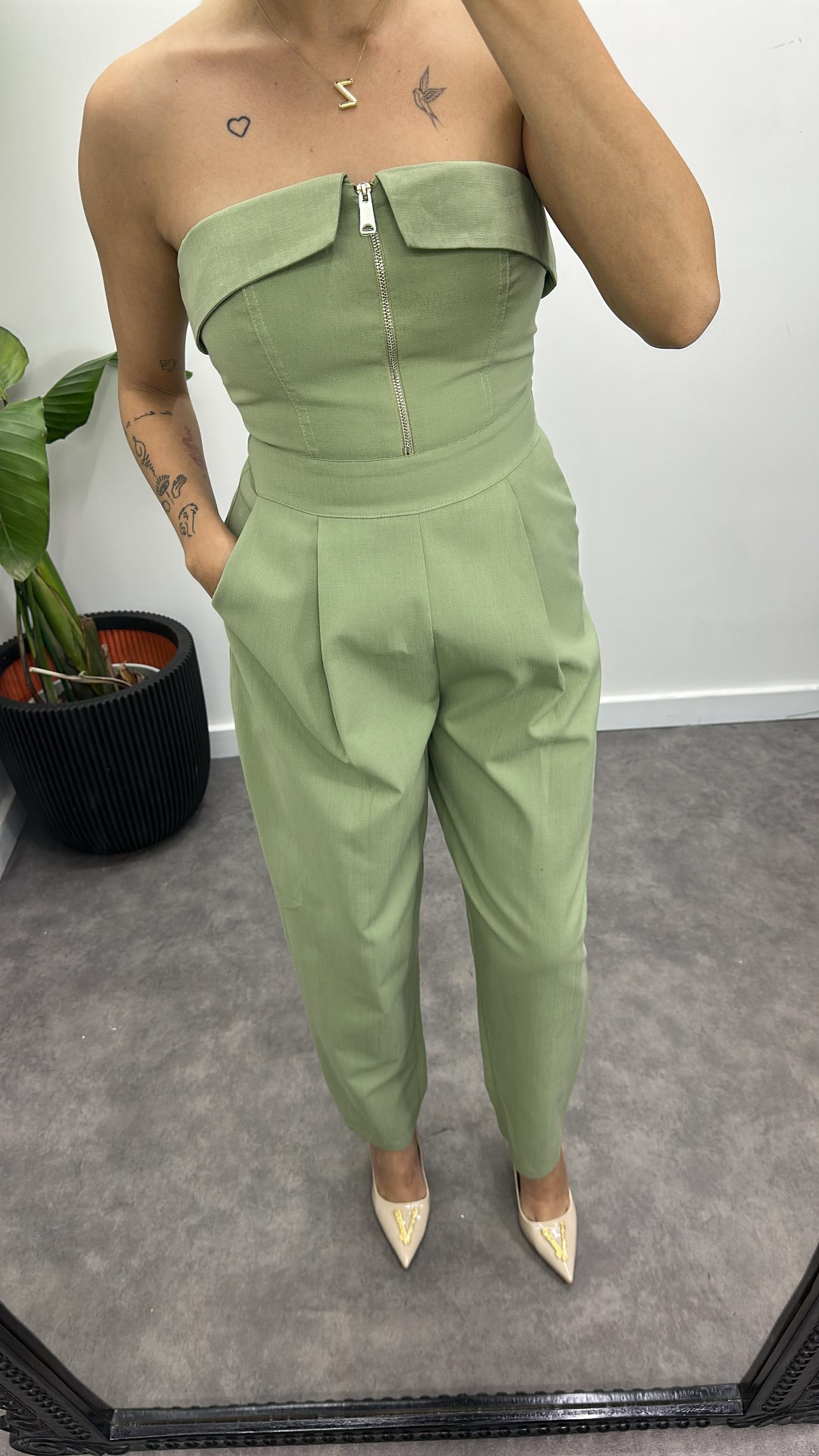 Fermuarlı Straplez Keten Tulum