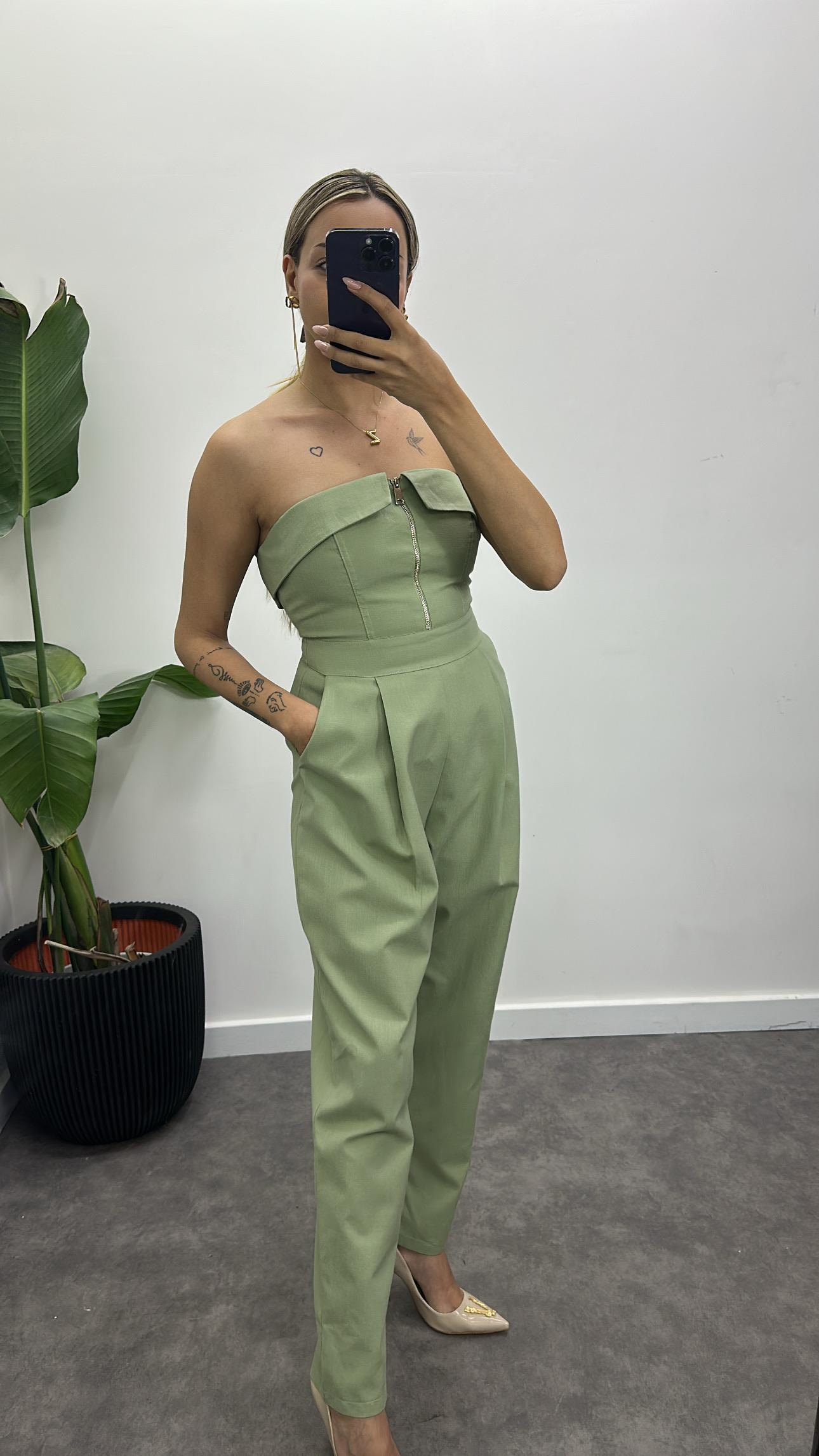 Fermuarlı Straplez Keten Tulum