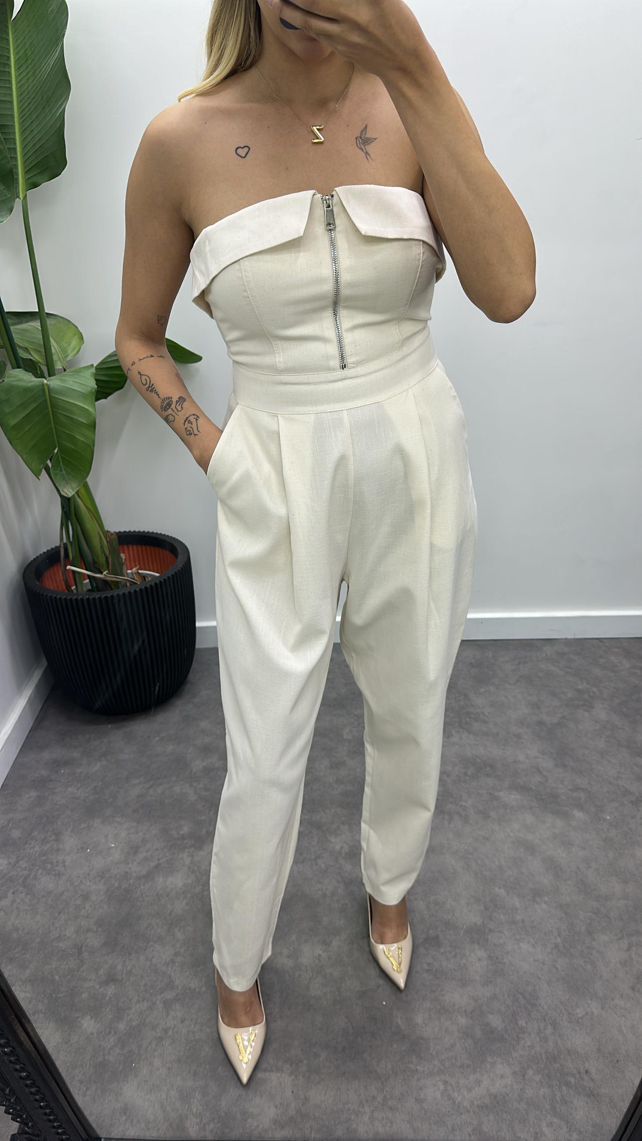 Fermuarlı Straplez Keten Tulum