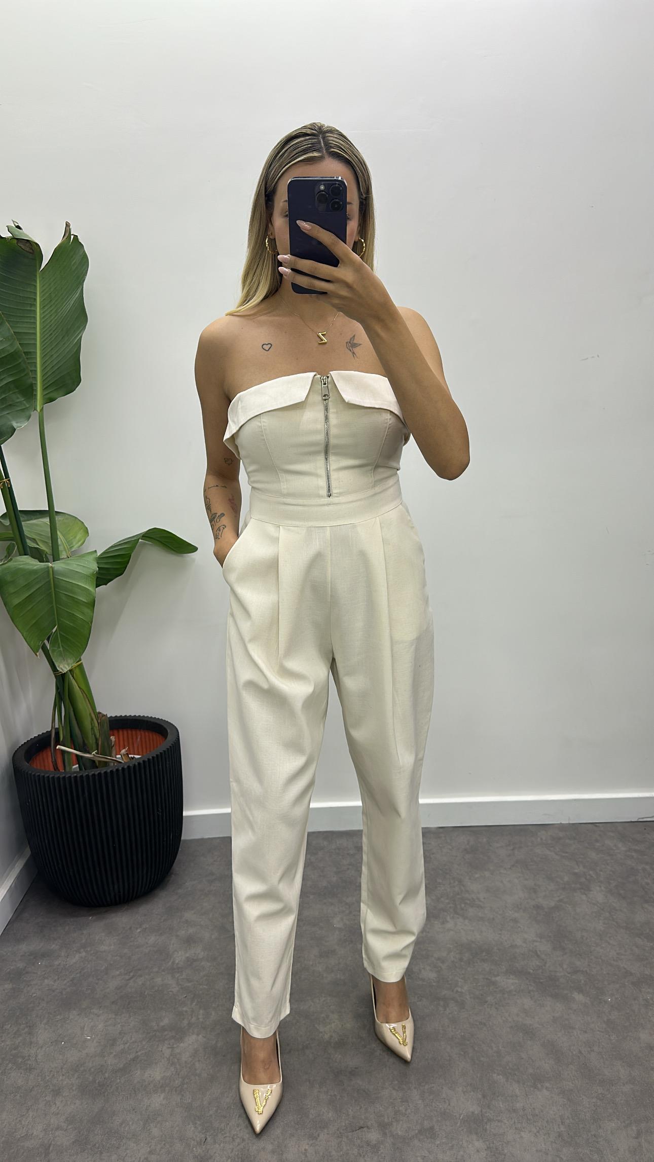 Fermuarlı Straplez Keten Tulum