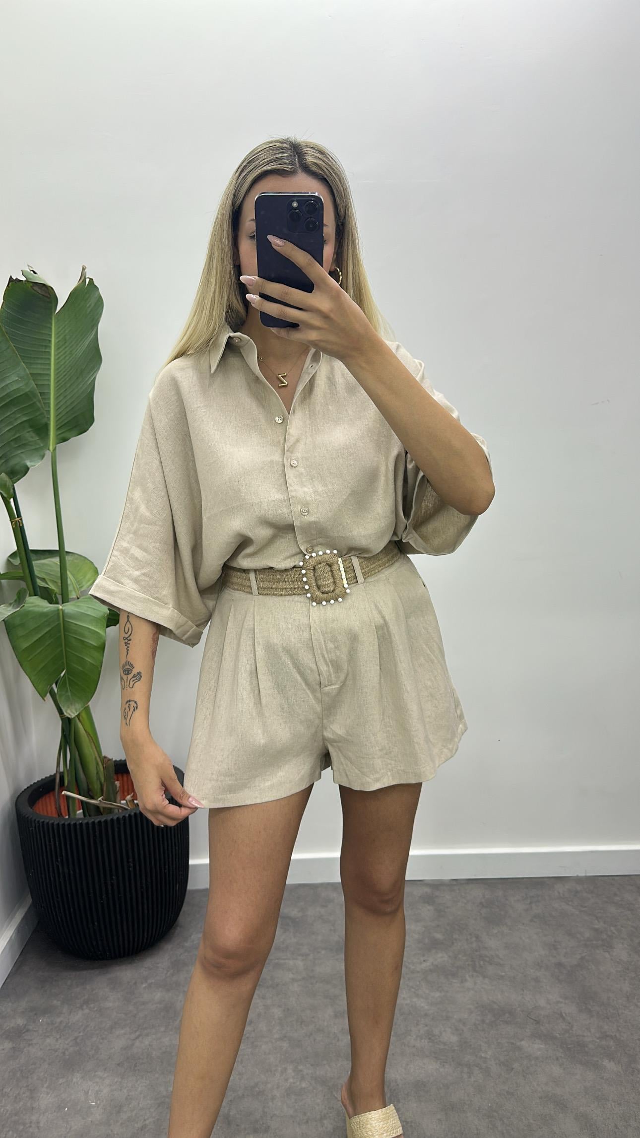 Hasır Kemerli Keten Gömlek Şort Takım