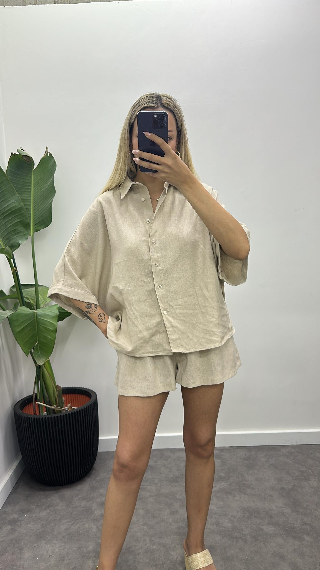 Hasır Kemerli Keten Gömlek Şort Takım