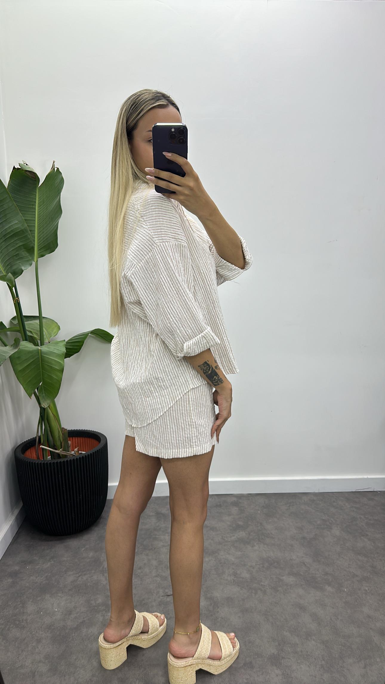 Kemerli Keten Şortlu Takım