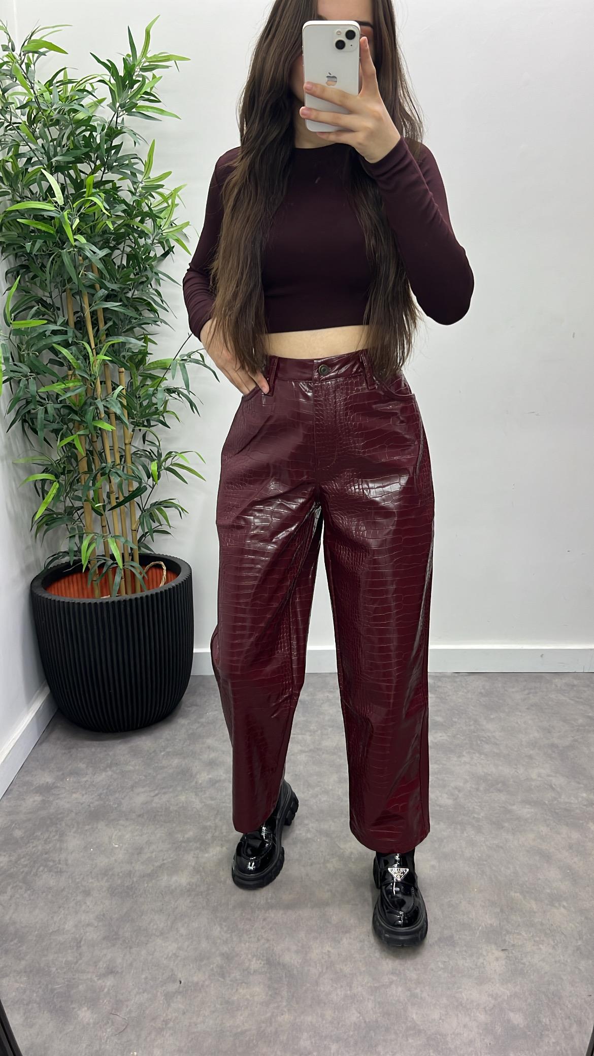 Kroko Desenli Deri Pantolon