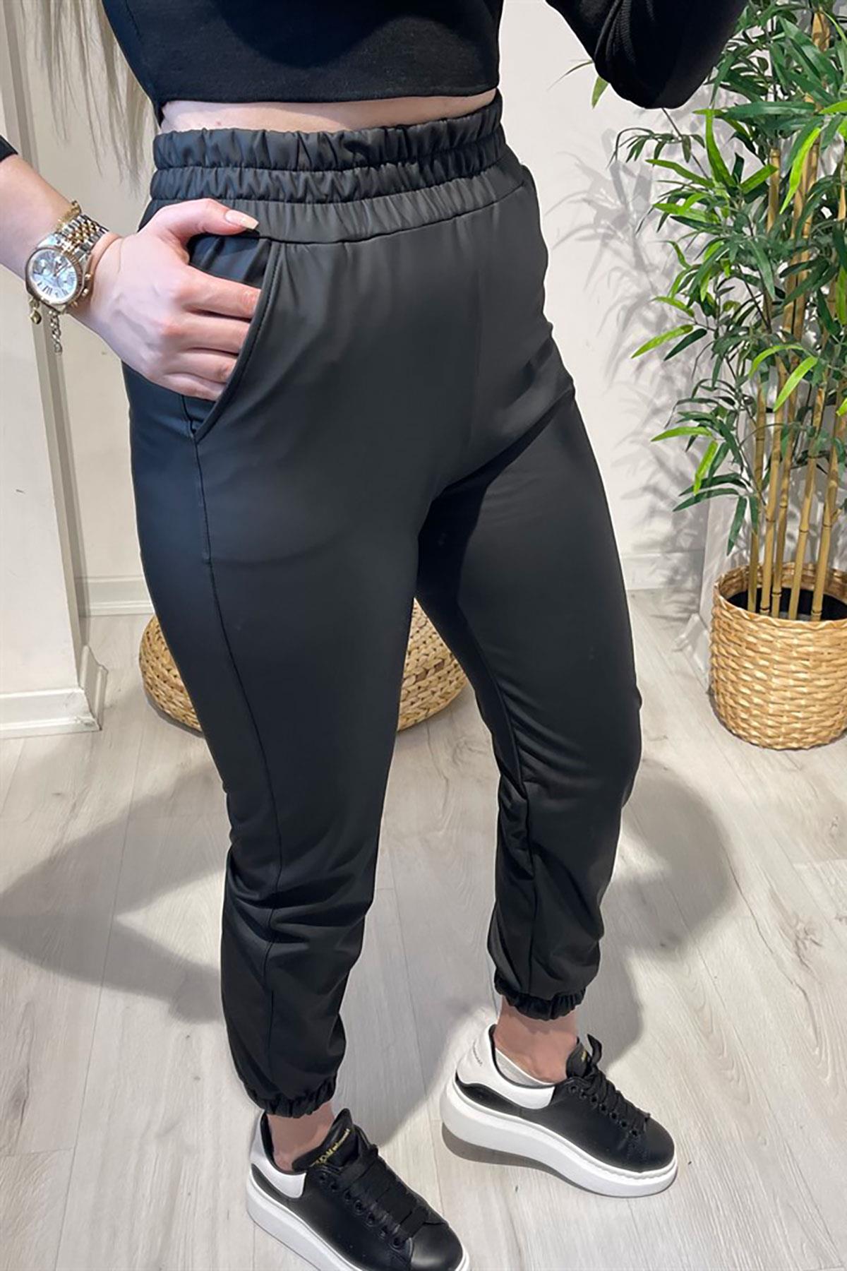 Lastikli Deri Pantolon