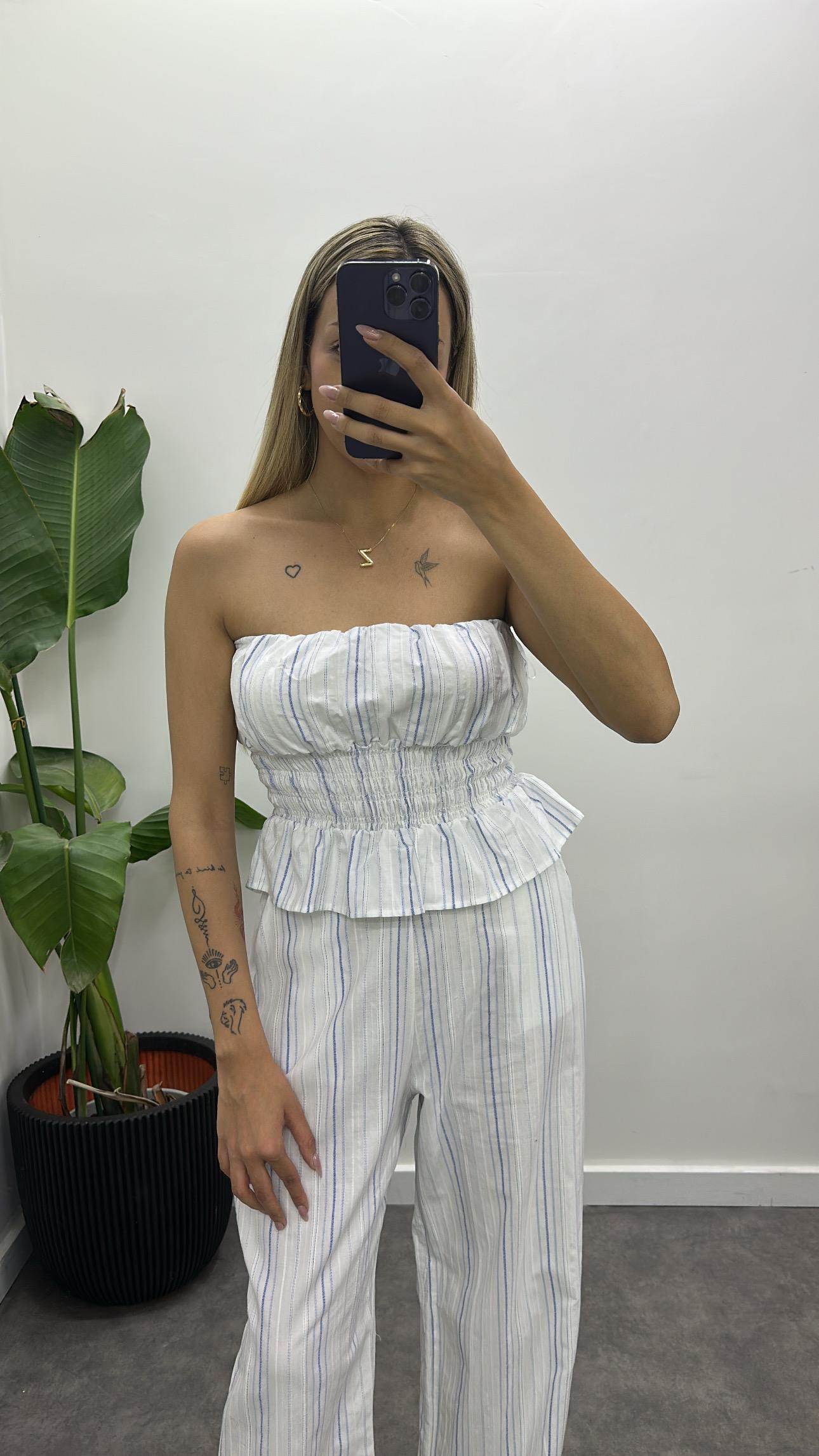 Straplez Çizgili Keten Takım