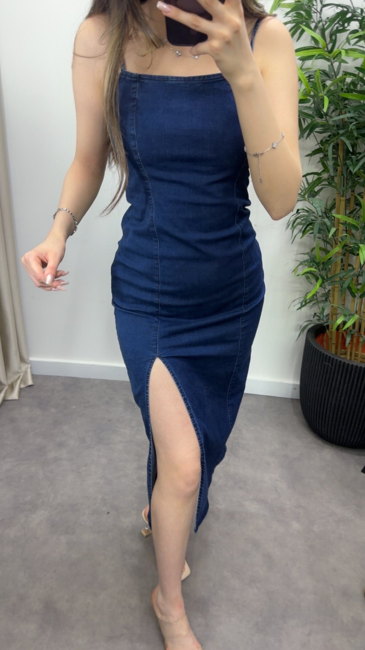 Yırtmaçlı Likra Jean Elbise