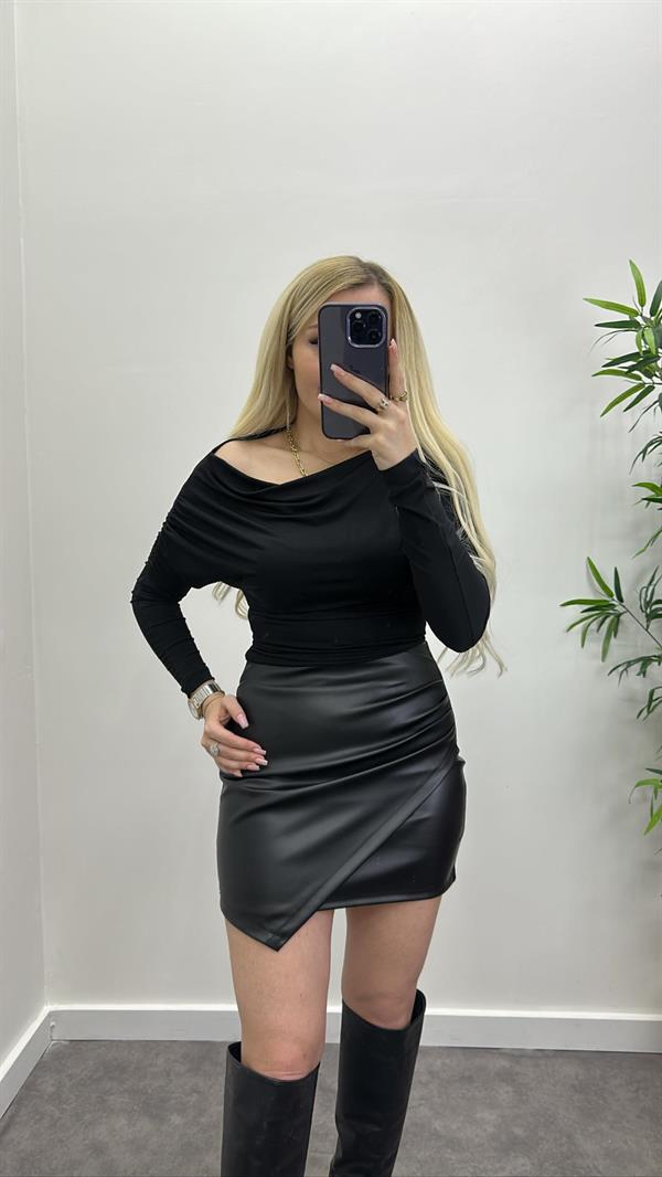 Büzgü Detay Deri Etek