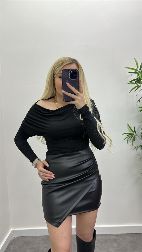 Büzgü Detay Deri Etek