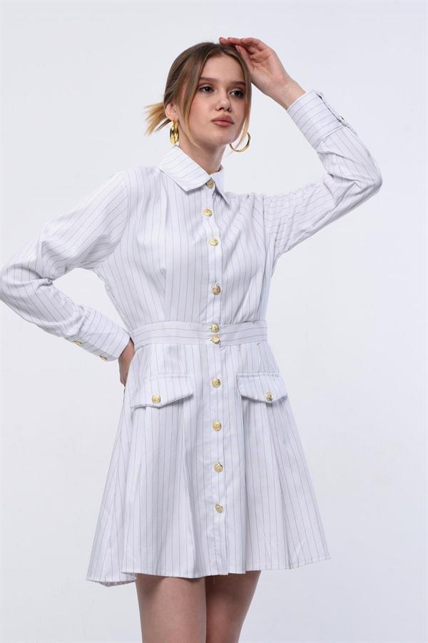 Çizgili Gold Düğmeli Elbise