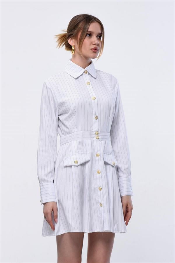 Çizgili Gold Düğmeli Elbise