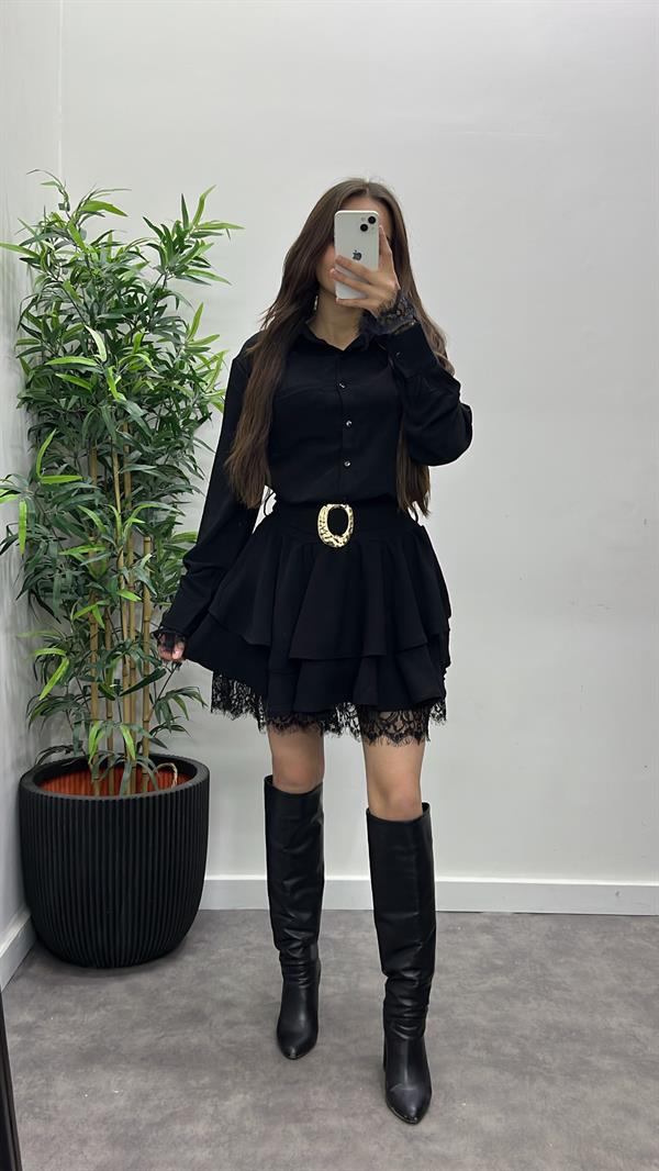 Dantel Detay Kemerli Elbise