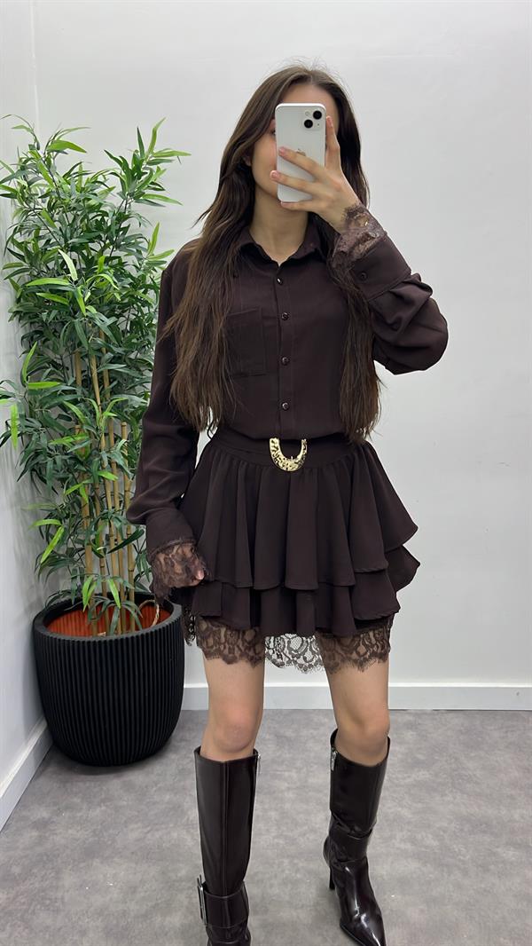 Dantel Detay Kemerli Elbise