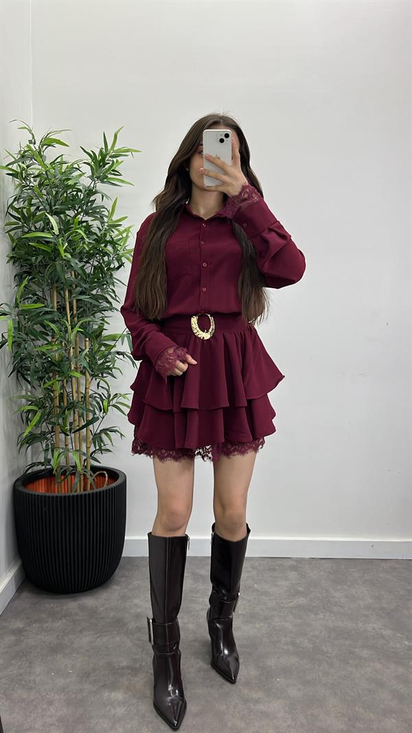 Dantel Detay Kemerli Elbise