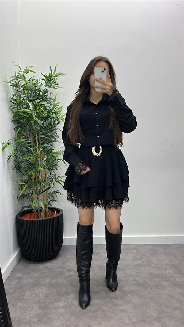 Dantel Detay Kemerli Elbise