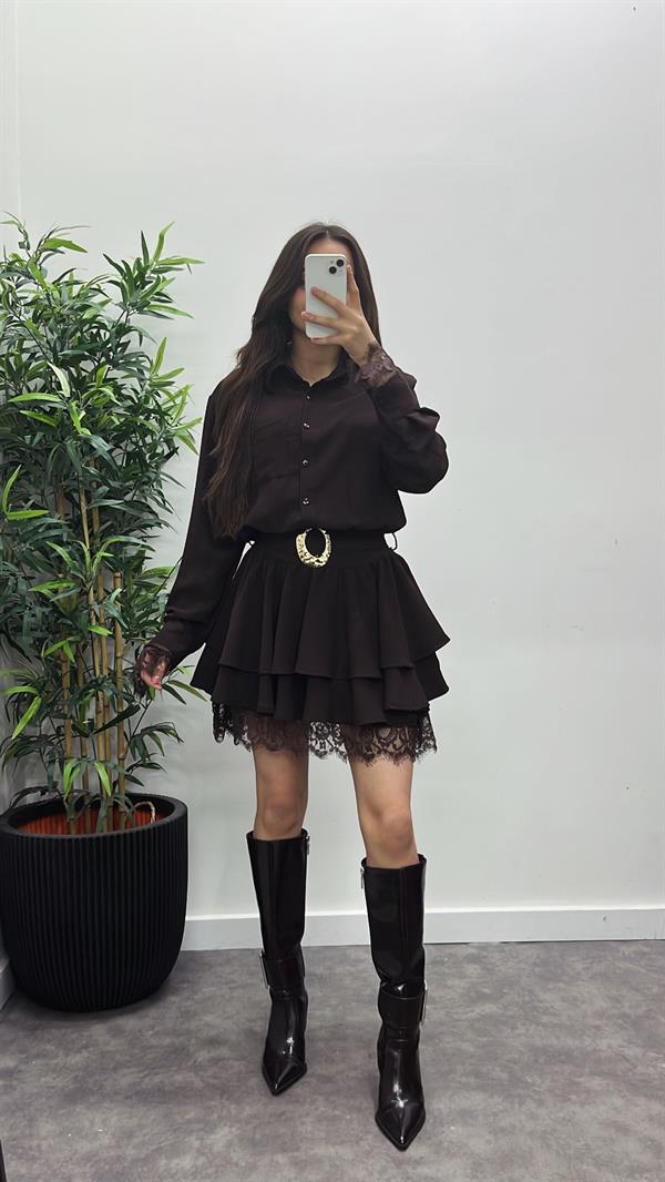 Dantel Detay Kemerli Elbise