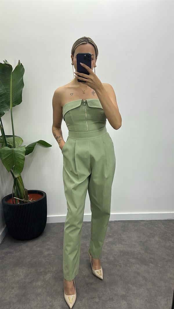 Fermuarlı Straplez Keten Tulum