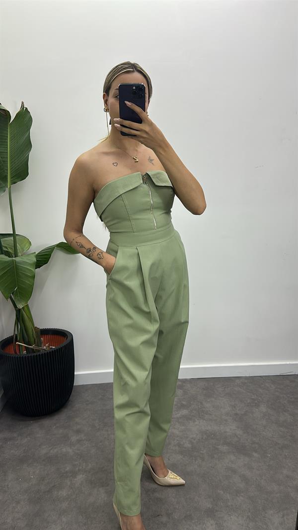 Fermuarlı Straplez Keten Tulum