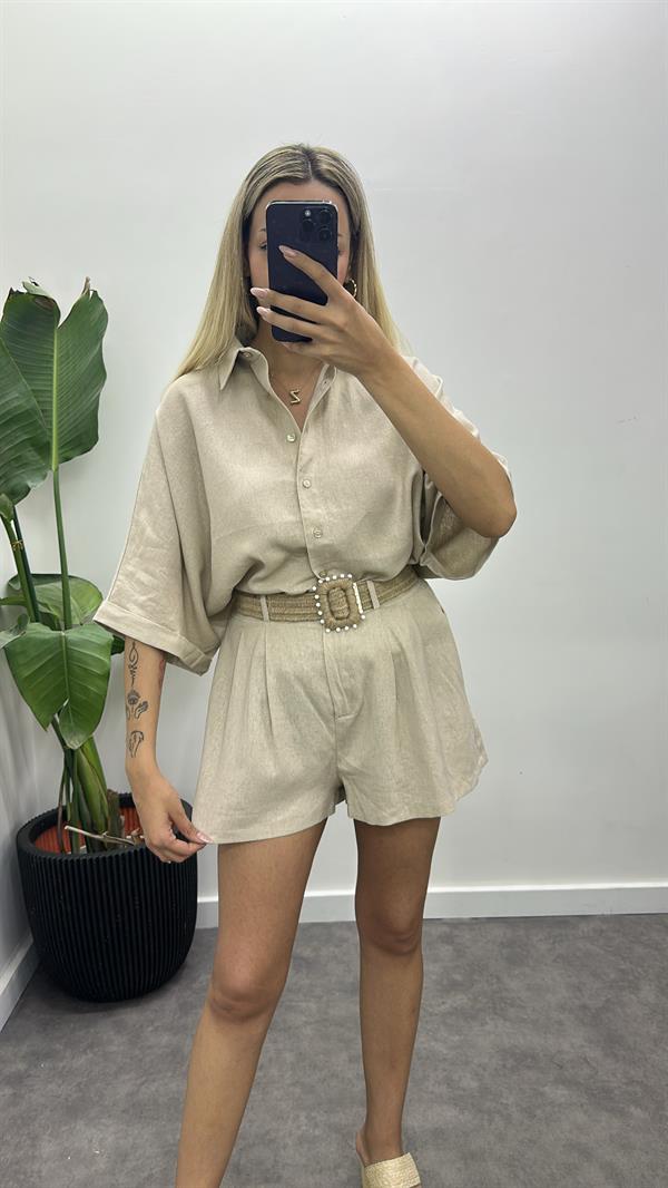 Hasır Kemerli Keten Gömlek Şort Takım