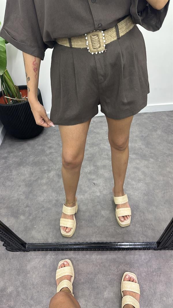 Hasır Kemerli Keten Gömlek Şort Takım