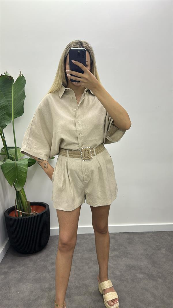 Hasır Kemerli Keten Gömlek Şort Takım