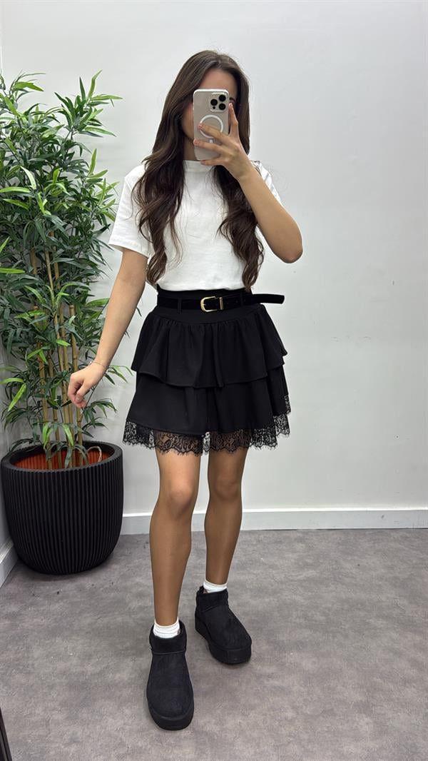 Kemerli Dantel Detay Etek