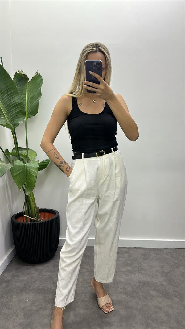Kemerli Keten Pantolon